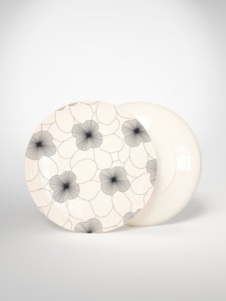 Main Plate Flowers1-Saints-Pères Paris- Ceramic Plates, Platters, Bowls, Coffee Cups. Animal Designs, Zebra, Flamingo, Elephant. Graphic Designs and more.