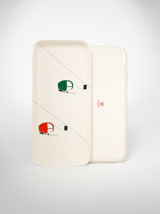 Cake Platter Skilift Green and Red-Saints-Pères Paris- Ceramic Plates, Platters, Bowls, Coffee Cups. Animal Designs, Zebra, Flamingo, Elephant. Graphic Designs and more.